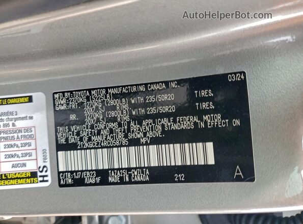2T2KGCEZ4RC058785 2024 LEXUS NX Silver Vista de la etiqueta del VIN