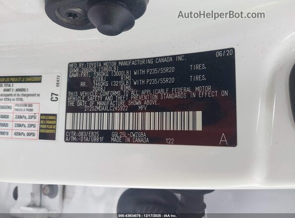 2T2SZMDAXLC245922 2020 LEXUS RX 350 Белый Вид подкапотного пространства