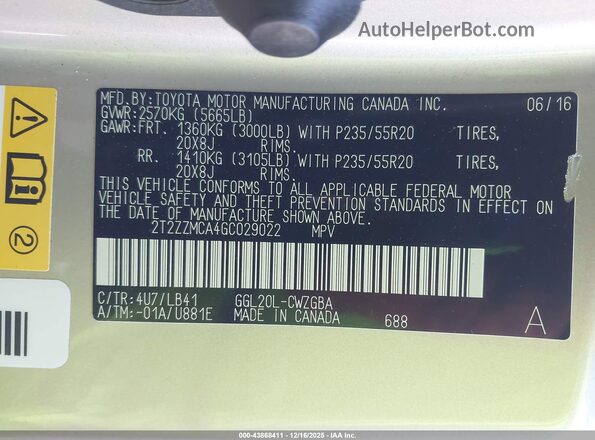 2T2ZZMCA4GC029022 2016 LEXUS RX 350 Tan Widok komory silnika