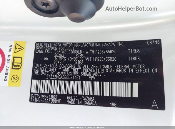 2T2ZZMCA5GC034164 2016 LEXUS RX 350 White Vista del compartimento del motor