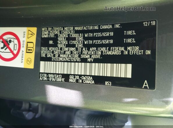 2T2ZZMCA7KC129785 2019 LEXUS RX 350 Серый Вид подкапотного пространства