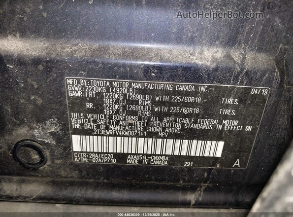 2T3EWRFV4KW007141 2019 TOYOTA RAV4 HYBRID Dark Blue Вид підкапотного простору