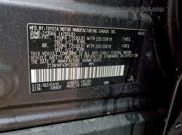 2T3N1RFV3PC355651 2023 TOYOTA LIMITED Gray VIN კოდის სტიკერის ხედი