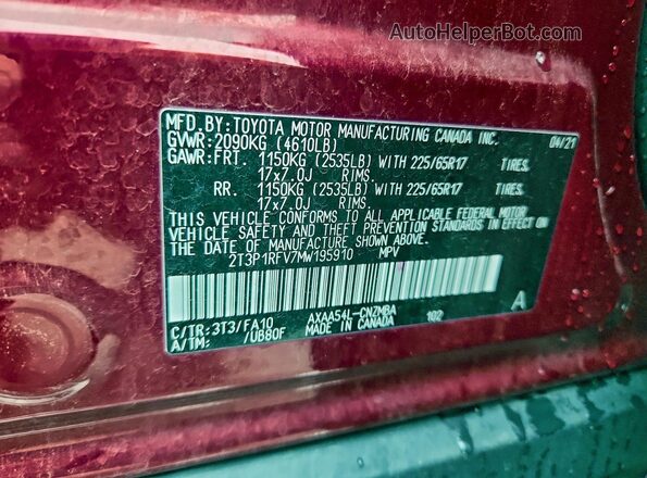 2T3P1RFV7MW195910 2021 TOYOTA RAV4 Burgundy Widok wnętrza 360 stopni