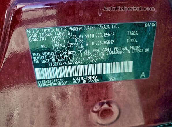 2T3RFREV4JW778877 2018 TOYOTA RAV4 Red Vista interior de 360 grados