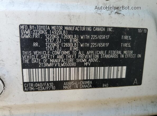 2T3RWRFV1LW050080 2020 TOYOTA RAV4 White Vista de la etiqueta del VIN