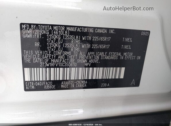 2T3W1RFV1SC350610 2025 TOYOTA LE White Widok komory silnika