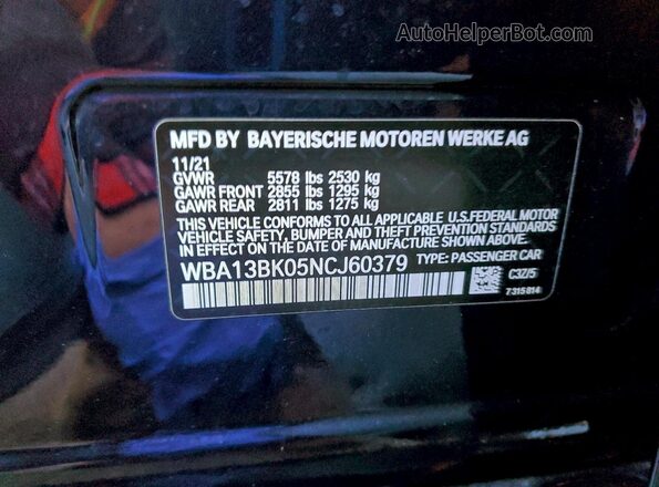 WBA13BK05NCJ60379 2022 BMW M5 Синий Вид наклейки с VIN-кодом