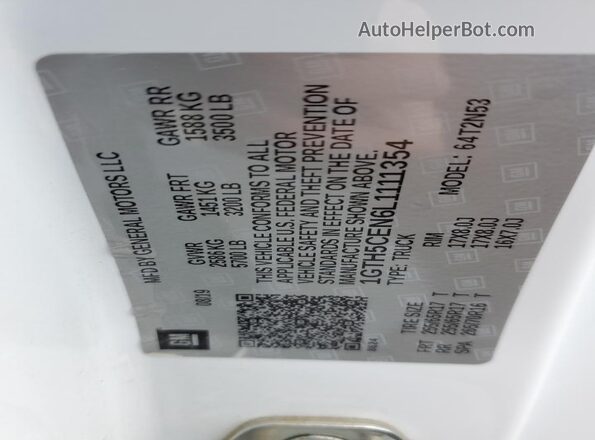 1GTH5CEN6L1111354 2020 GMC CANYON White Widok naklejki z numerem VIN