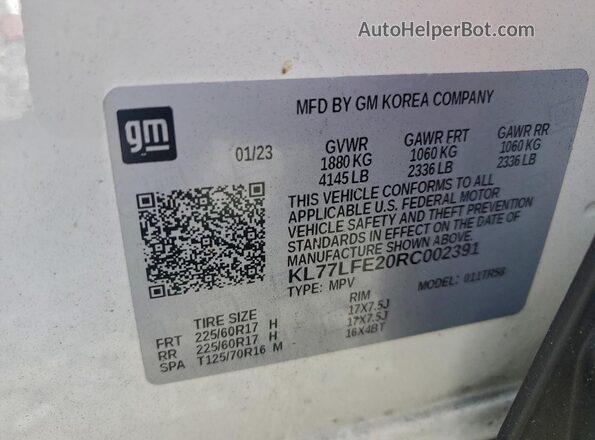 KL77LFE20RC002391 2024 CHEVROLET TRAX White Vista interior de 360 grados
