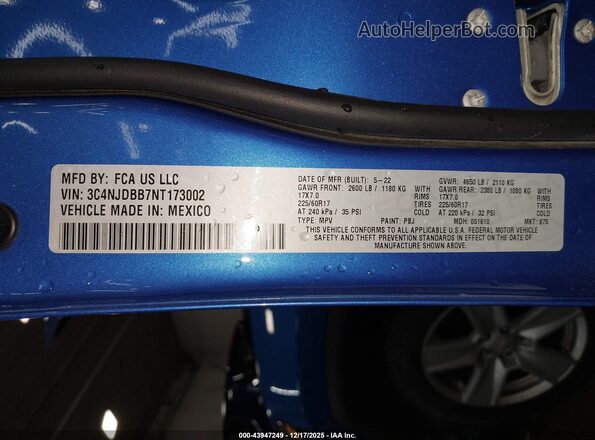 3C4NJDBB7NT173002 2022 JEEP COMPASS Blue Vista del compartimento del motor