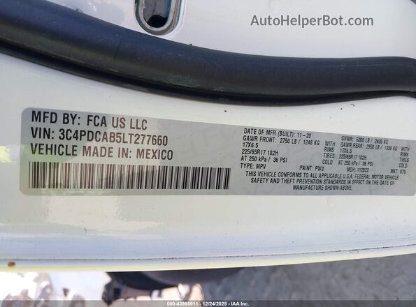 3C4PDCAB5LT277660 2020 DODGE JOURNEY White Շարժիչի բաժամունքի տեսք