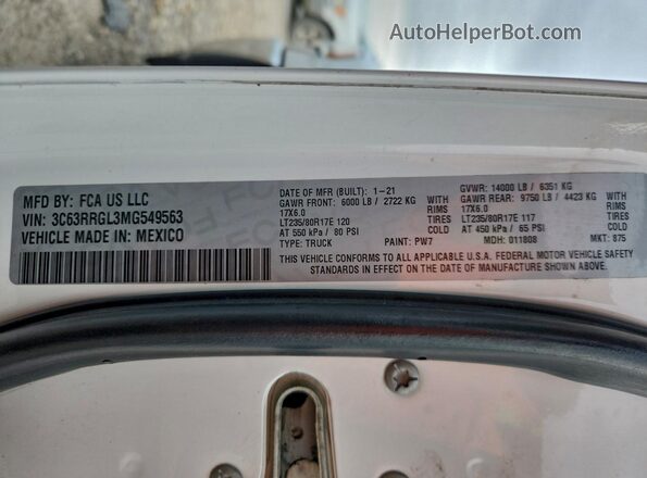 3C63RRGL3MG549563 2021 RAM 3500 White Vista de la etiqueta del VIN