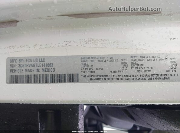 3C6TRVAG7LE141663 2020 RAM PROMASTER 1500 White Շարժիչի բաժամունքի տեսք