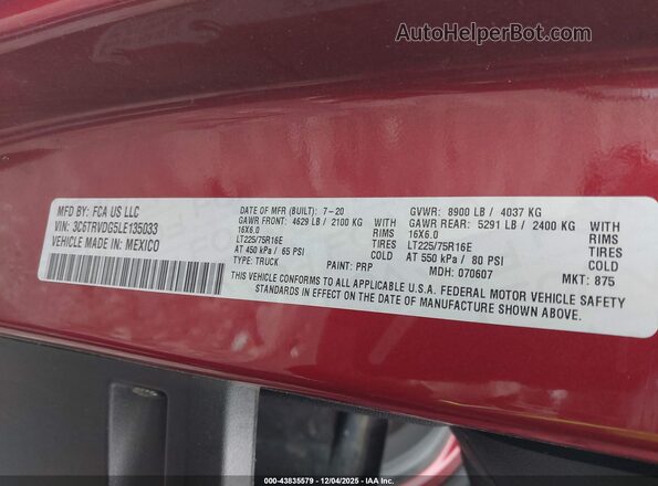 3C6TRVDG5LE135033 2020 RAM PROMASTER 2500 Красный Вид подкапотного пространства