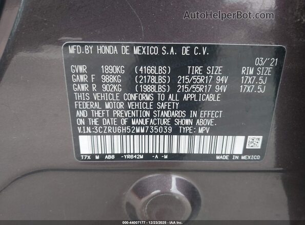 3CZRU6H52MM735039 2021 HONDA HR-V Gray Вид підкапотного простору