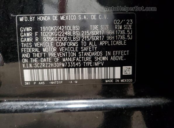 3CZRZ2H30PM733545 2023 HONDA HR-V Black Widok naklejki z numerem VIN