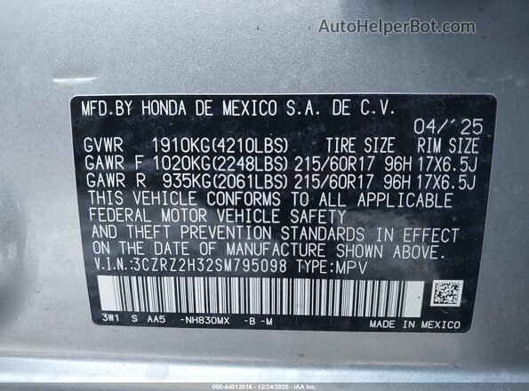 3CZRZ2H32SM795098 2025 HONDA HR-V Silver Widok komory silnika