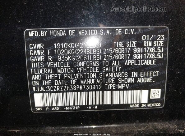 3CZRZ2H38PM730912 2023 HONDA HR-V Черный Вид подкапотного пространства