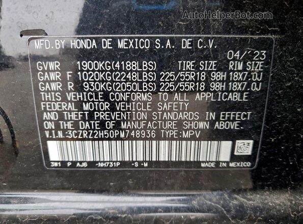 3CZRZ2H50PM748936 2023 HONDA HR-V Черный Вид наклейки с VIN-кодом