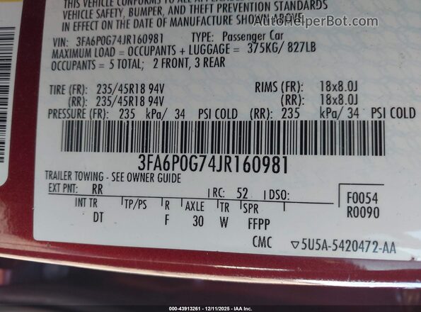 3FA6P0G74JR160981 2018 FORD FUSION Красный Вид подкапотного пространства