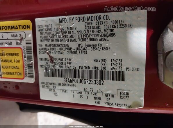 3FA6P0LU0GR233302 2016 FORD FUSION HYBRID Красный Вид подкапотного пространства