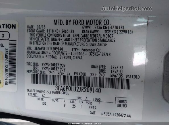 3FA6P0LU2JR209140 2018 FORD FUSION HYBRID White ძრავის განყოფილების ხედი
