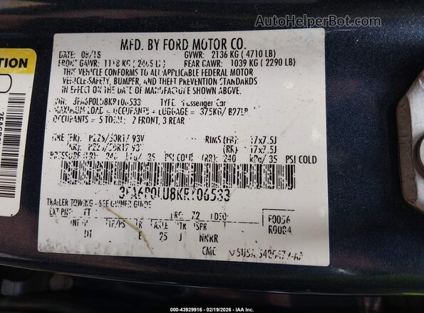 3FA6P0LU8KR106533 2019 FORD FUSION HYBRID Синий 