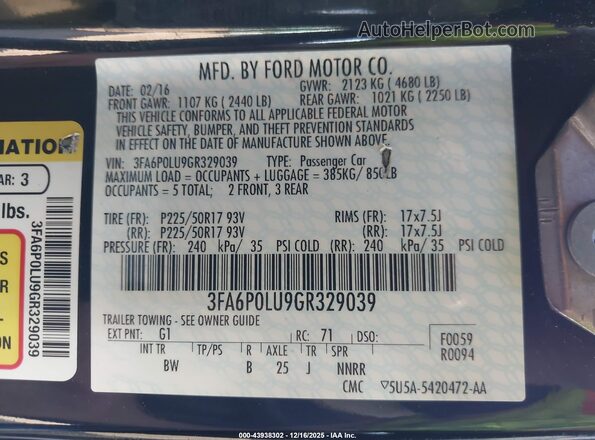 3FA6P0LU9GR329039 2016 FORD FUSION HYBRID Черный Вид подкапотного пространства