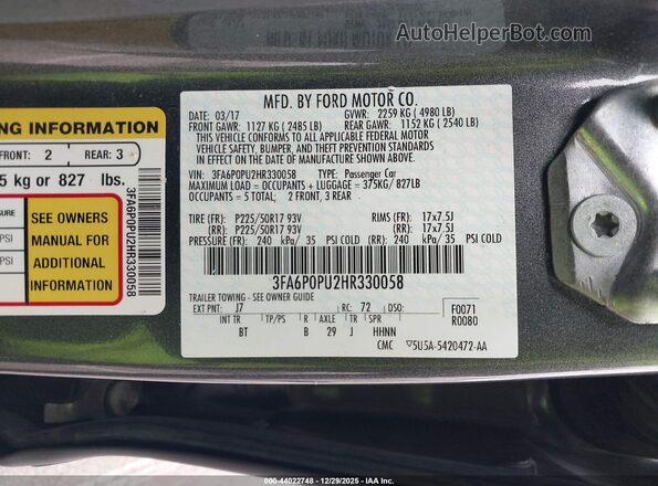3FA6P0PU2HR330058 2017 FORD FUSION ENERGI Gray Widok komory silnika