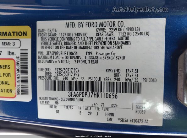 3FA6P0PU7HR110656 2017 FORD FUSION ENERGI Синий Вид подкапотного пространства