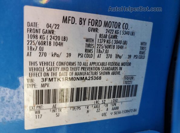 3FMTK1RM0NMA25368 2022 FORD MUSTANG Blue Widok naklejki z numerem VIN
