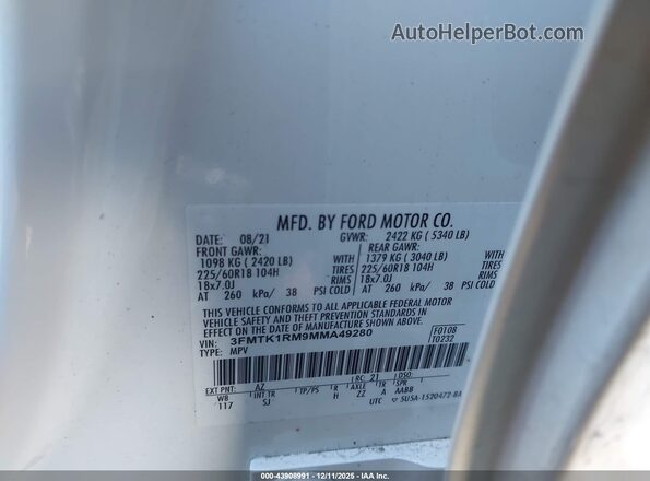 3FMTK1RM9MMA49280 2021 FORD MUSTANG MACH-E Белый Вид подкапотного пространства