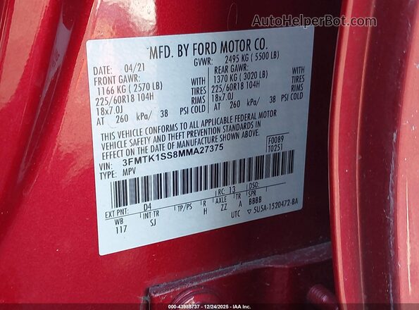 3FMTK1SS8MMA27375 2021 FORD MUSTANG MACH-E Red Вид підкапотного простору