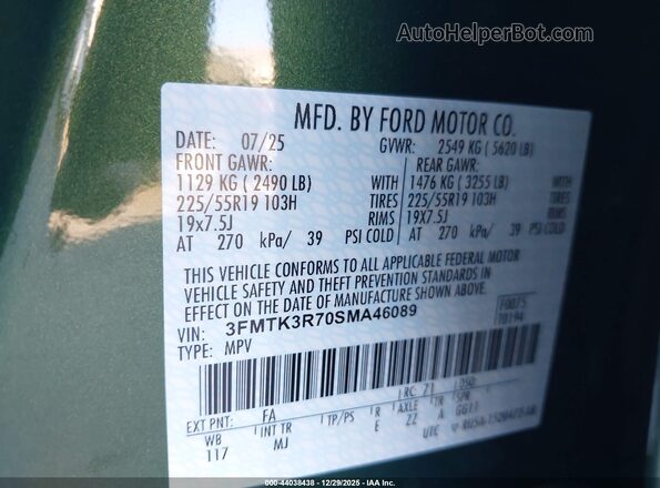3FMTK3R70SMA46089 2025 FORD MUSTANG MACH-E PREMI Green Engine compartment view