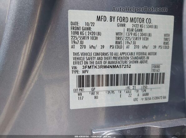3FMTK3RM4NMA57252 2022 FORD MUSTANG MACH-E PREMI Blue Вид підкапотного простору