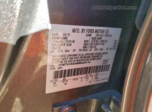 3FMTK3SS6MMA09114 2021 FORD MUSTANG MACH-E PREMI Серый Вид наклейки с VIN-кодом