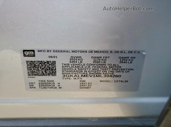 3GKALMEV1ML398260 2021 GMC TERRAIN Серебряный Вид наклейки с VIN-кодом