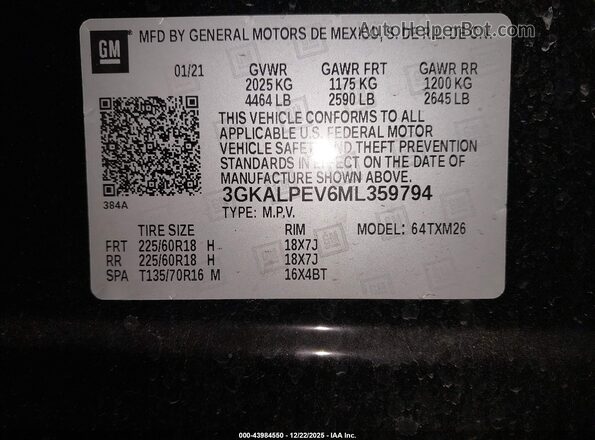 3GKALPEV6ML359794 2021 GMC TERRAIN Black Vista del compartimento del motor