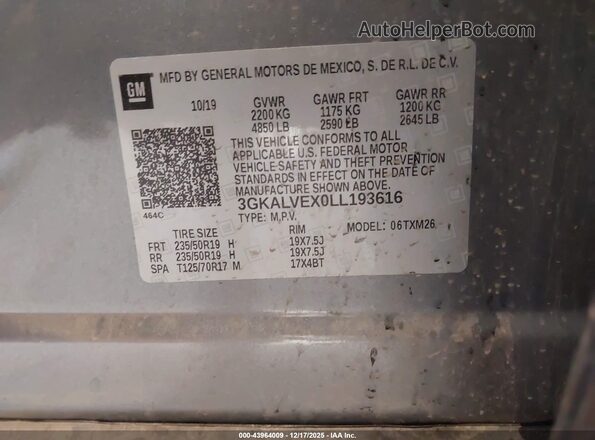 3GKALVEX0LL193616 2020 GMC TERRAIN Pewter Вид подкапотного пространства