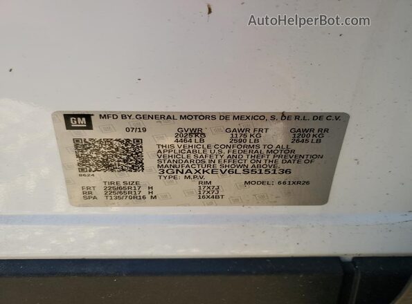 3GNAXKEV6LS515136 2020 CHEVROLET EQUINOX White Widok wnętrza 360 stopni