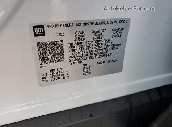 3GNAXLEG5TL205447 2026 CHEVROLET EQUINOX White Панорамний вид салону 360°