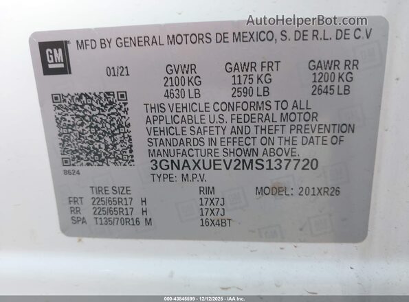 3GNAXUEV2MS137720 2021 CHEVROLET EQUINOX White ძრავის განყოფილების ხედი