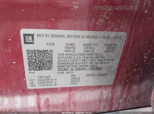 3GNCJLSB2KL125363 2019 CHEVROLET TRAX Красный Вид подкапотного пространства
