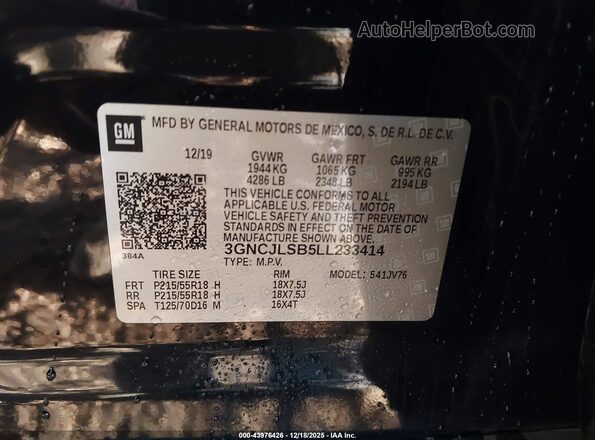3GNCJLSB5LL233414 2020 CHEVROLET TRAX Black Вид підкапотного простору