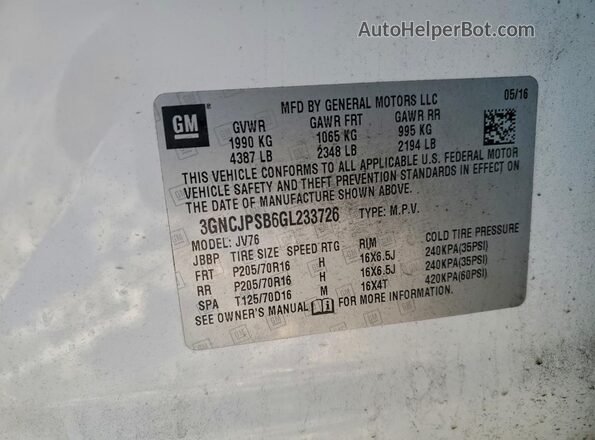 3GNCJPSB6GL233726 2016 CHEVROLET TRAX Белый Вид наклейки с VIN-кодом