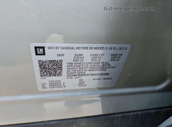 3GNKBBRA7MS519188 2021 CHEVROLET BLAZER Серый Панорамный вид салона 360°