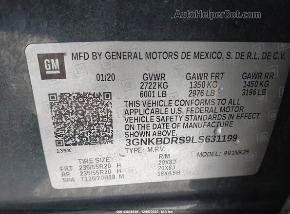 3GNKBDRS9LS631199 2020 CHEVROLET BLAZER Черный Вид подкапотного пространства