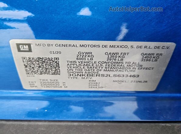 3GNKBERS2LS633463 2020 CHEVROLET BLAZER Blue Widok naklejki z numerem VIN