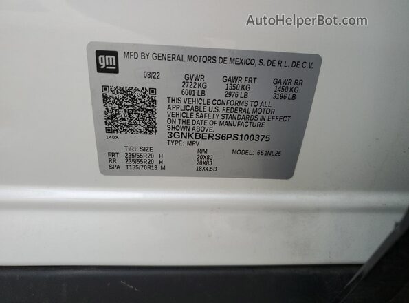3GNKBERS6PS100375 2023 CHEVROLET BLAZER White Vista de la etiqueta del VIN